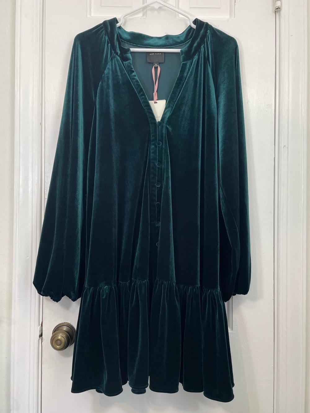 Alex Marie Emerald Green Velvet Dress Button Front Ruffle Hem - size 14